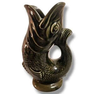 Antique Dartmouth Devon Pottery 9 1/2" Gurgle Fish Pitcher Jug Emrald Green